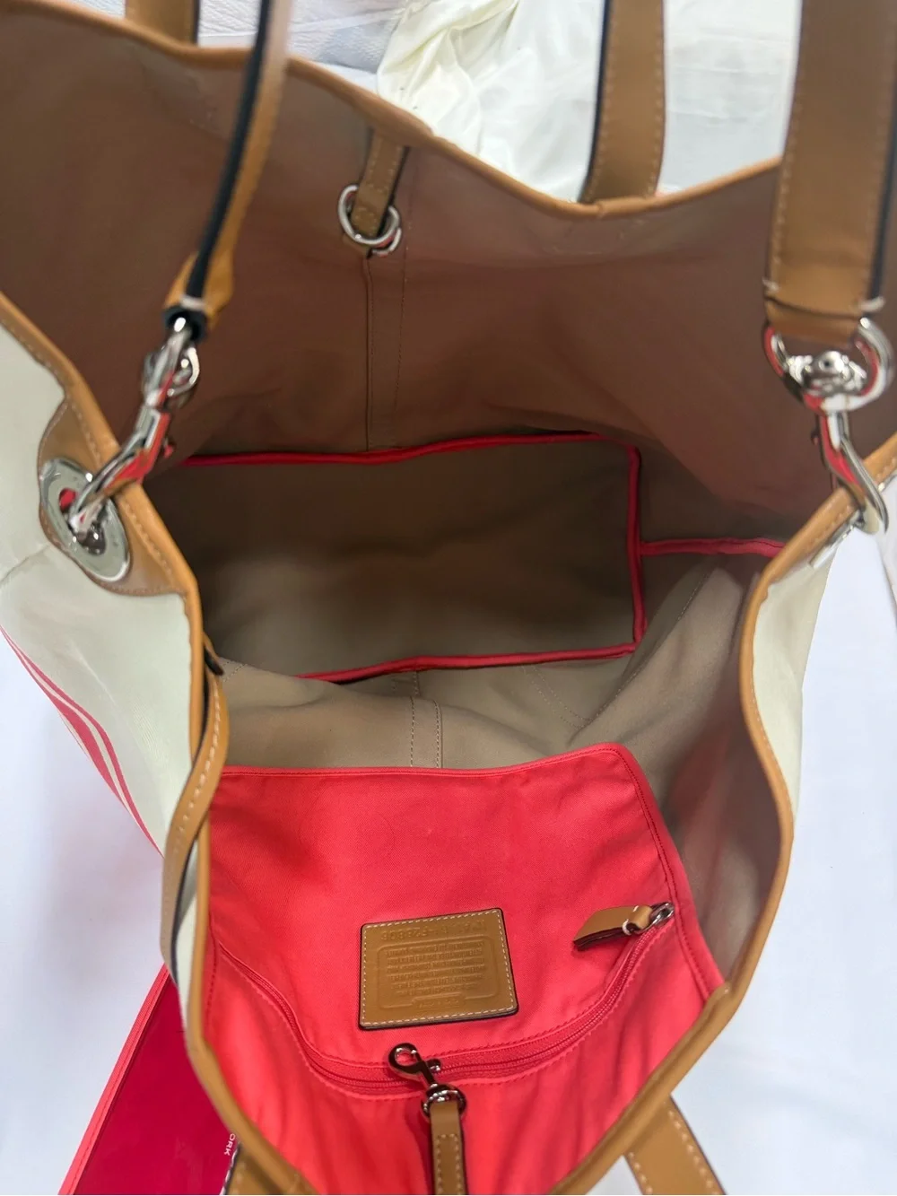 Coach Cream and Coral Stripe Canvas Tote with Tan Leather Trim